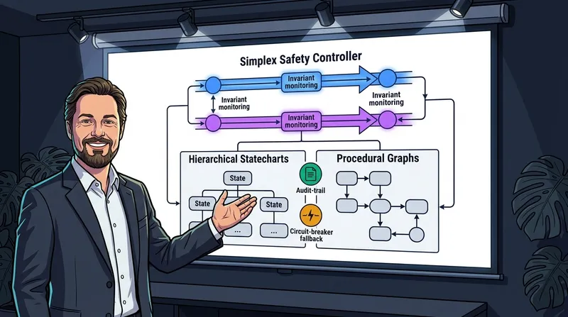Dr. Georg Hackenberg präsentiert verlässliche Agenten-Architekturen im Design Thinking Lab Präsentation von Simplex Safety Envelopes, Statecharts und Procedural Graphs an der Projektionswand im Design Thinking Lab am FH OÖ Campus Wels
